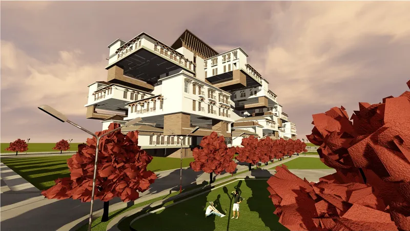 Stacked white volumes with cantilevered balconies framed by a row of red-leafed trees and dramatic clouds