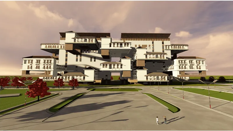 Frontal elevation of the terraced white building beneath a rainbow stretching across stormy skies