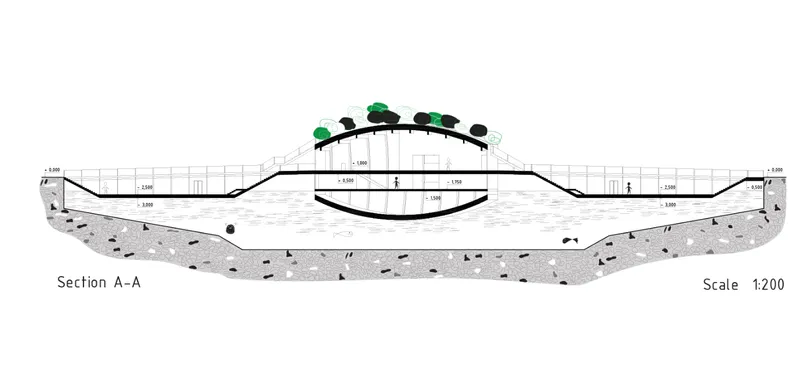 Section drawing revealing a curved roof structure with underground spaces and planted trees above