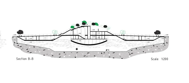 Section drawing showing the building's undulating profile with central roof opening and underground galleries