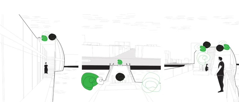 Perspective sketch showing a sunken plaza with green tree canopies and figures at ground level