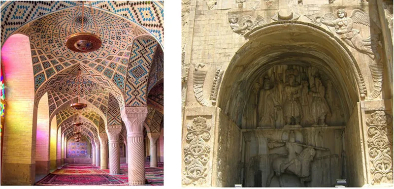 Tiled vaulted corridor with spiral brick columns and carved stone entrance portal with relief sculpture