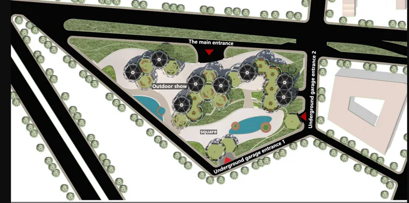 Site plan drawing showing clustered circular volumes around a central square with trees lining the perimeter