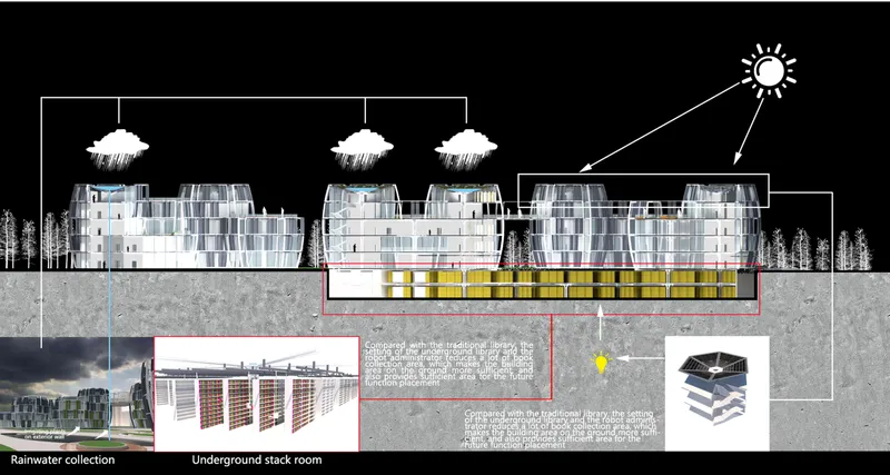 Section drawing illustrating underground stack rooms and rainwater collection systems beneath clustered tower volumes