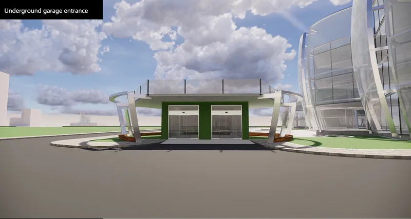 Rendering of the underground garage entrance with curved canopy and green metal elevator housings under cloudy skies