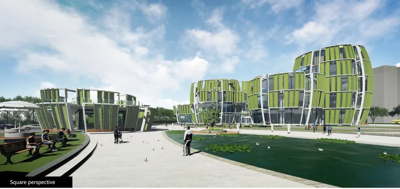 View across the plaza showing three clustered towers with green and white vertical fins and pedestrians below