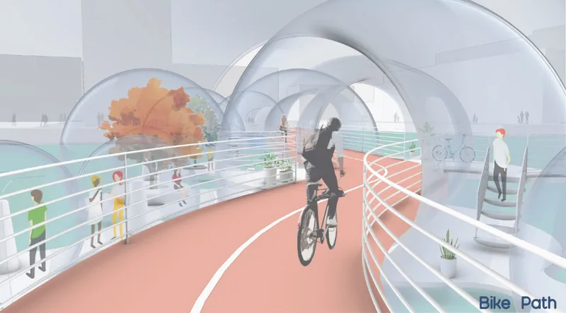 Interior view of a coral-colored bike path threading through transparent arched enclosures with cyclists in misty conditions