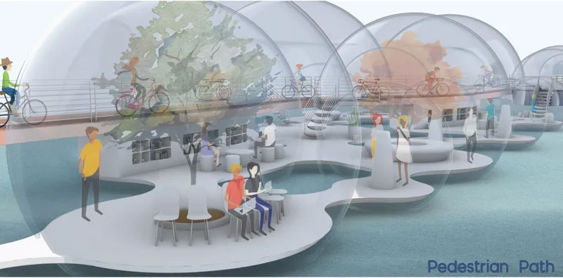 Cross-section view showing pedestrian and bicycle levels within bubble-shaped volumes with people seated and cycling through