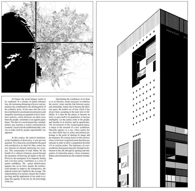 Site plan drawing showing urban context with water body and adjacent rendering of tower facade with perforated screens