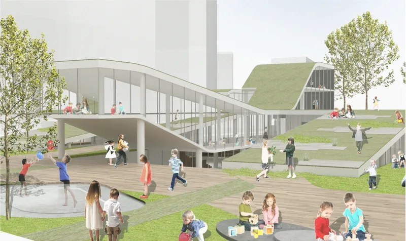 Rendered exterior view of the ramped timber deck and green roof with children playing