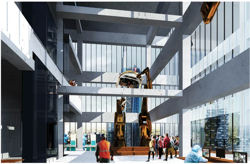 Triple-height atrium with concrete structural beams, vertical glazing and visitors gathered around a central sculpture