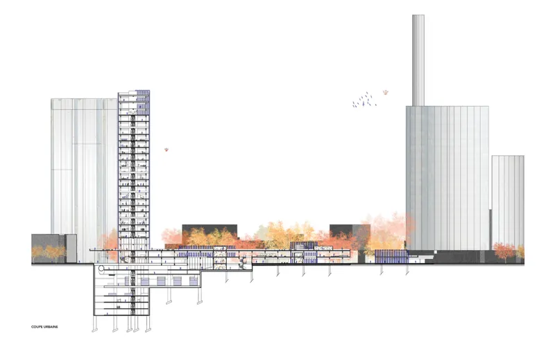 Sectional elevation drawing showing the tower, horizontal podium and industrial chimney with autumn trees