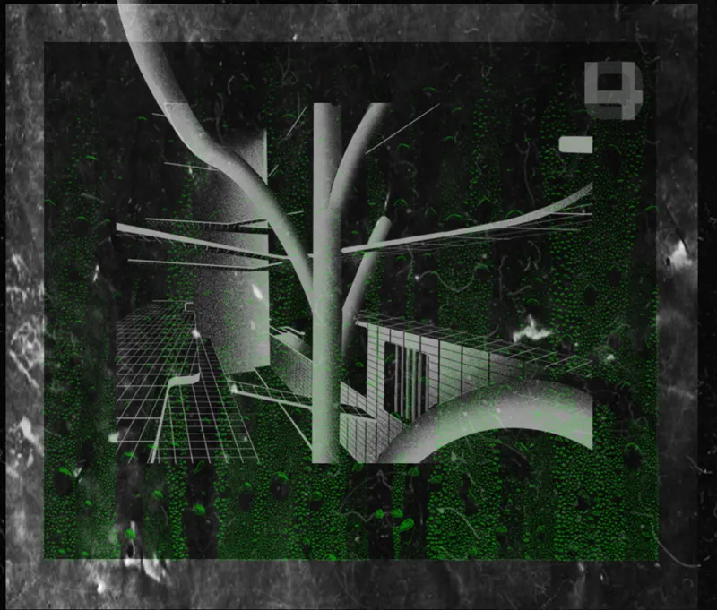 Axonometric view of pathways and structures nestled among branching tree trunks in overgrown green vegetation