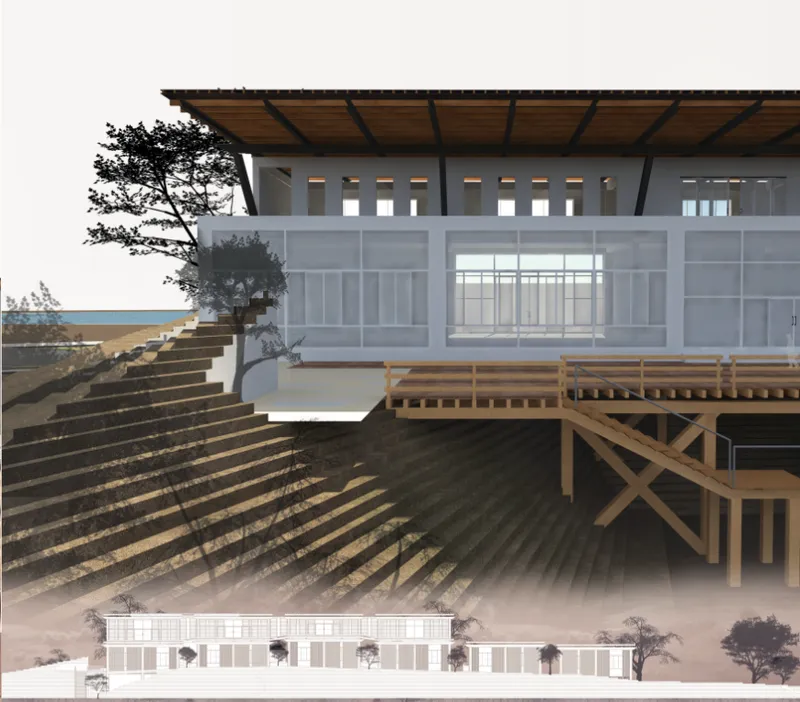 Terraced timber seating facing a white pavilion with horizontal window bands under an overhanging roof