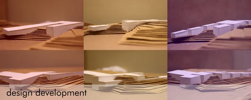 Physical model variations showing terraced volumes under different lighting conditions in sequence