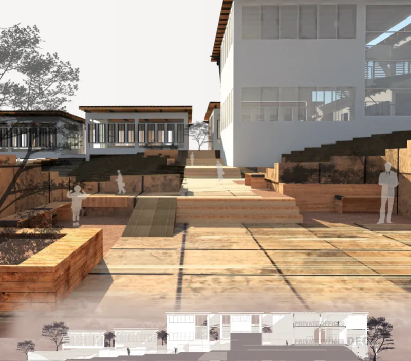 Rendered courtyard with timber decking, raised planters, and section drawing showing building volumes on terrain