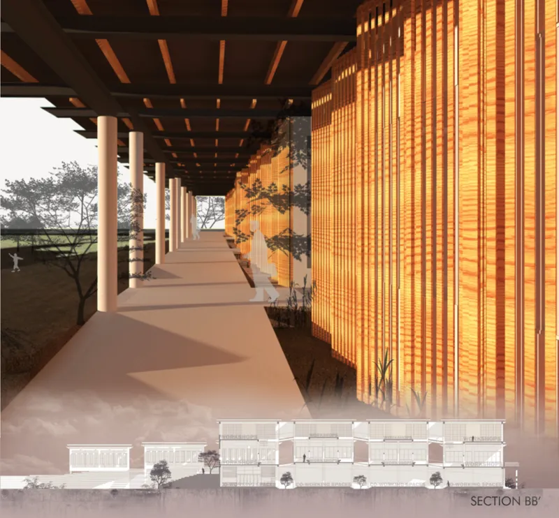 Covered walkway with timber columns, slatted ceiling, and vertical wood screen illuminated at dusk