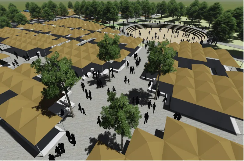 Aerial rendering of pavilion structures with gold pyramidal roofs arranged around a central plaza with trees and visitors