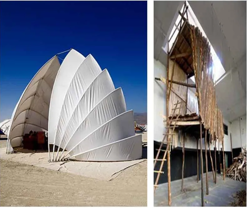 White tensile fabric shell structure in the desert alongside its exposed timber and steel framework in a workshop