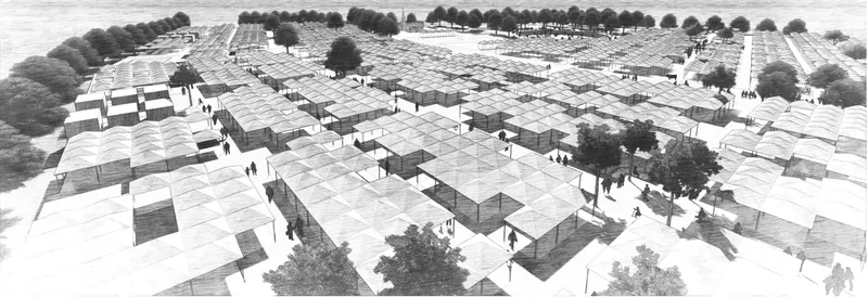 Aerial rendering showing white canopy grid with scattered dark volumes and trees across an open public space