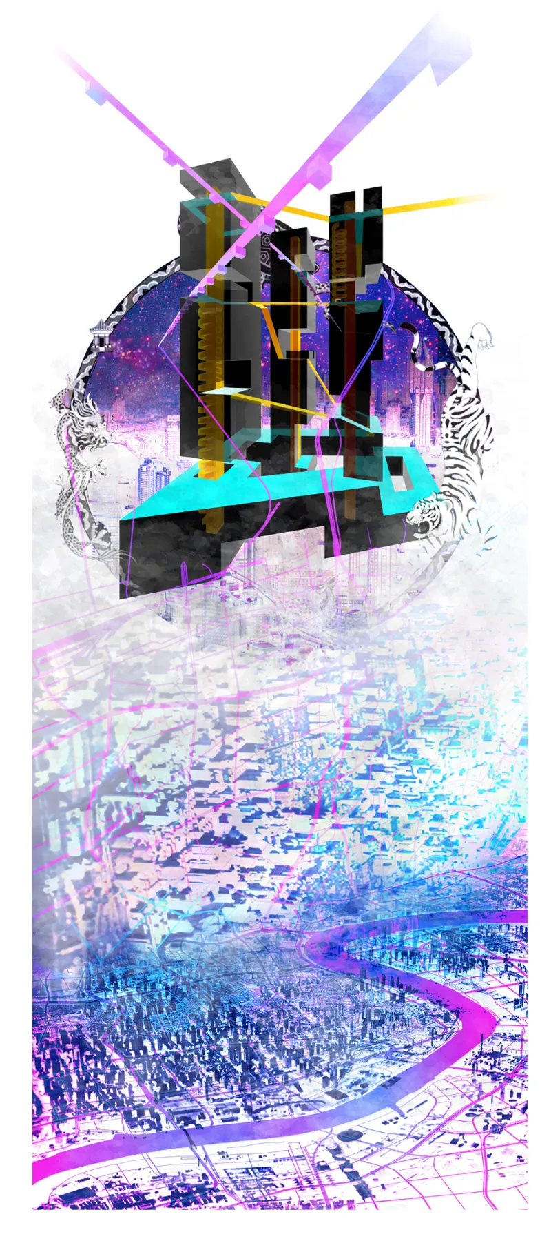 Digital collage showing abstracted tower volumes with radiating light beams over a purple-tinted urban site plan