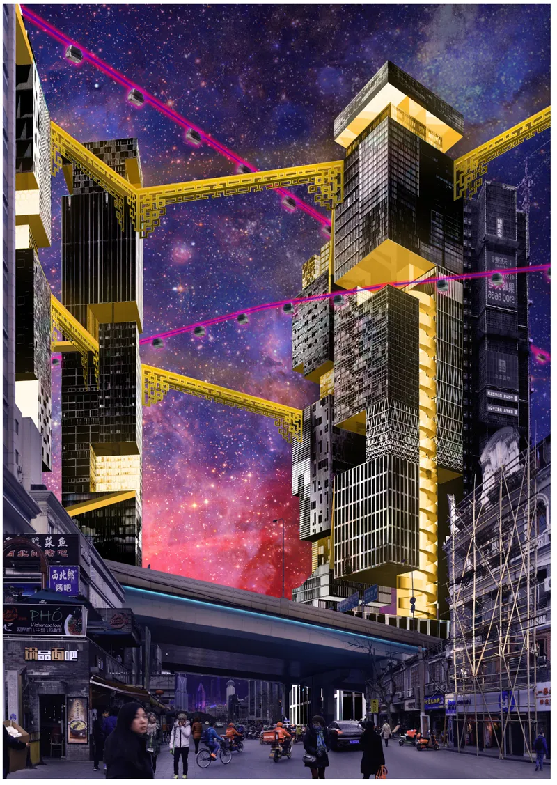 Photomontage of multi-level tower blocks with yellow bridges and pink light beams crossing a night streetscape
