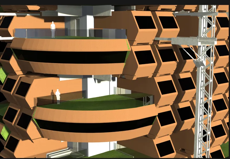 Close-up view of the stacked box-like residential units with integrated green balconies and structural scaffolding