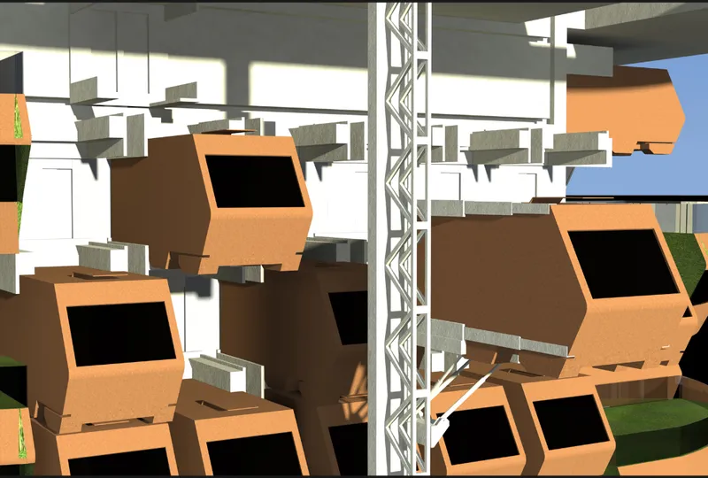 Digital model showing the cantilevered residential modules attached to a central steel truss core in bright sunlight