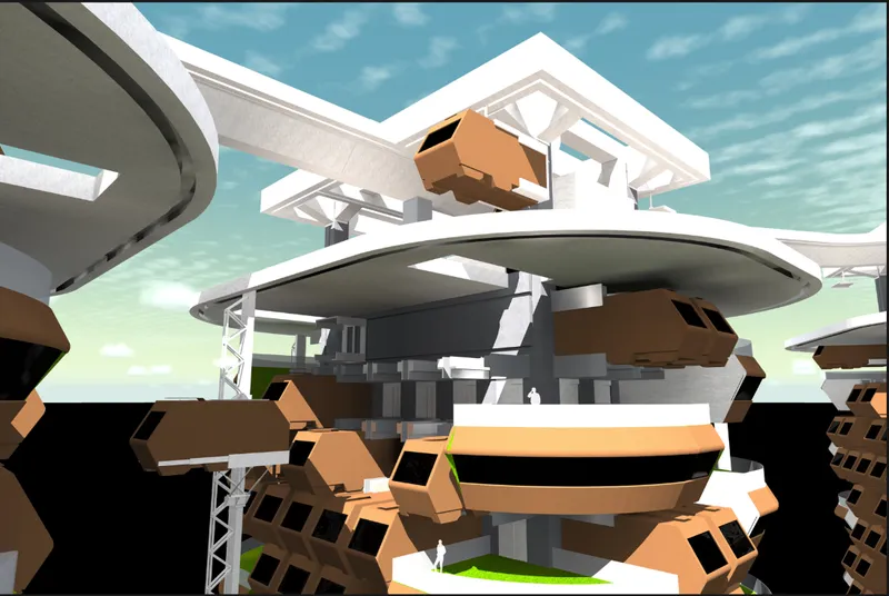Upward view of the radial roof structure with suspended residential pods and exposed steel framework against cloudy sky