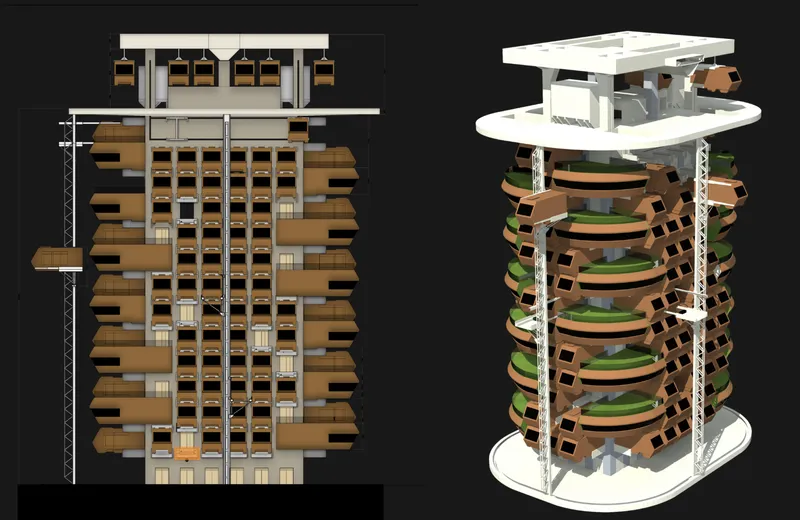 Elevation and axonometric drawing showing the vertical circulation core and stacked residential units with planted terraces