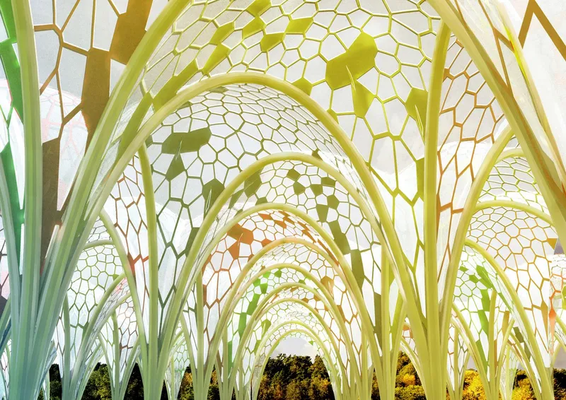 Perspective through the repeated vaulted arches with hexagonal cellular panels filtering daylight