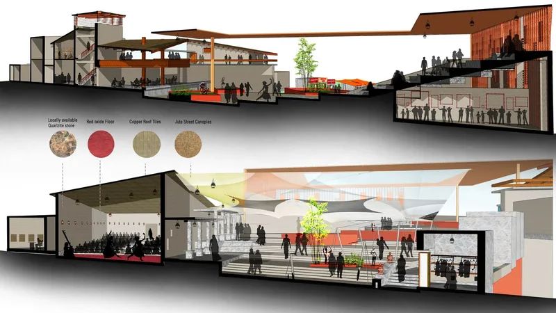 Section drawings showing interior programmatic spaces with gathered figures and material palette swatches indicated