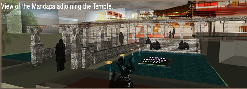 Rendered view of columned platform adjacent to temple with reflecting pool and figures in shadow
