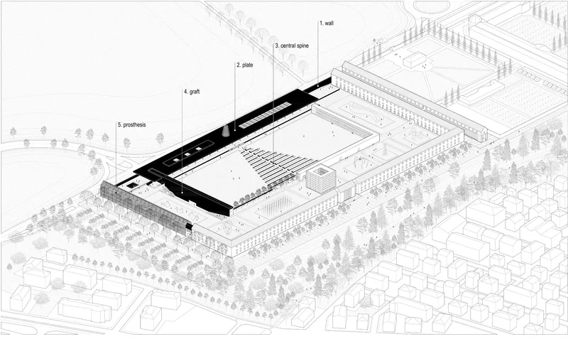 Axonometric drawing of a walled compound with central courtyard surrounded by perimeter colonnades and trees