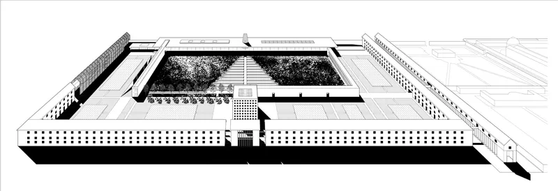 Axonometric section showing the perimeter wall with regular openings enclosing landscaped courtyards