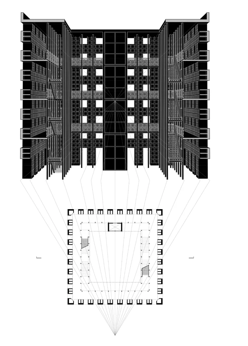 Elevation and plan drawing showing a symmetrical facade with recessed central bay and repeating window grid