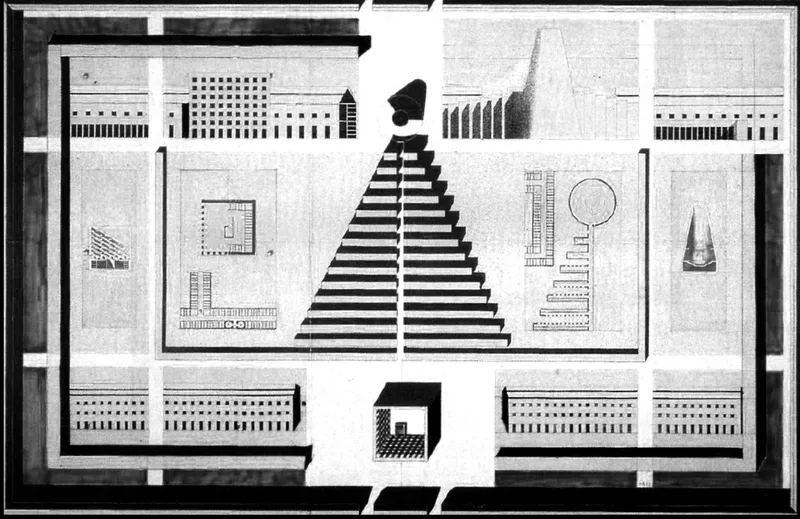 Floor plan drawing showing symmetrical courtyards flanking a central striped pyramidal element