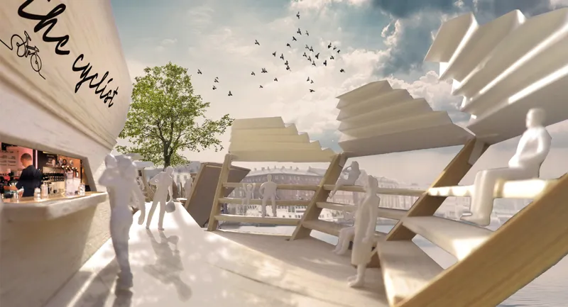 Interior perspective showing the faceted canopy underside with timber beams and people gathering near a cafe