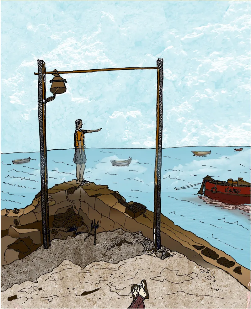 Illustrated section drawing showing a timber frame structure over rocky shoreline with figure and boats in water