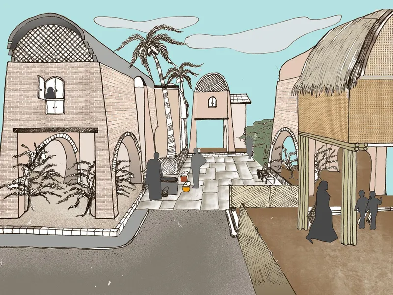 Perspective drawing of courtyard with arched brick volumes, thatched roof pavilion and palm trees