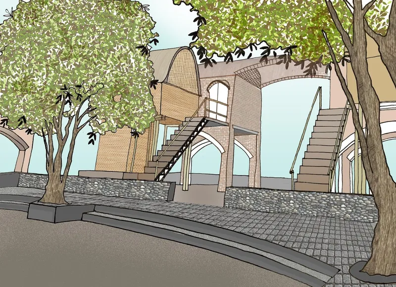 Rendered view of exterior staircase with arched openings and paved plaza beneath mature trees