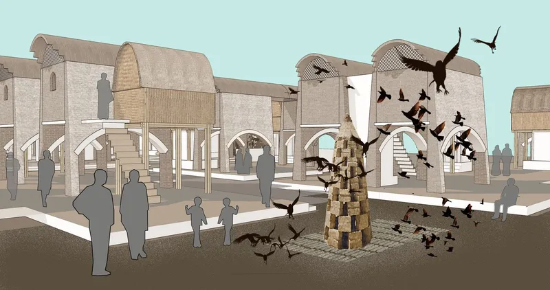Perspective rendering showing public plaza with arched pavilions, pedestrians and birds around central sculptural element