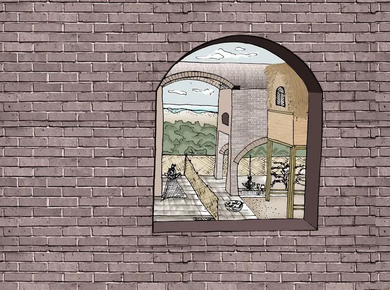 View through arched window in brick wall revealing interior courtyard with vaulted roofs beyond