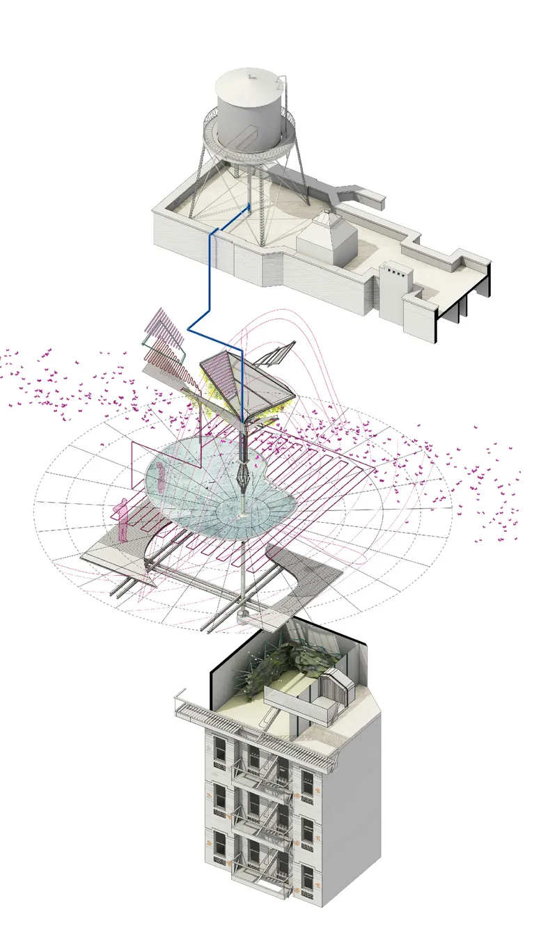 Exploded axonometric drawing showing three vertical sections with a central circular atrium and particle simulation