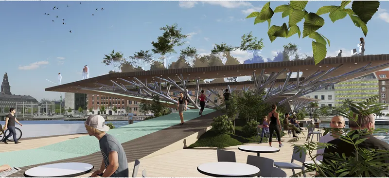 Elevated deck with seating area, planted trees, and branching white steel structure beneath timber canopy
