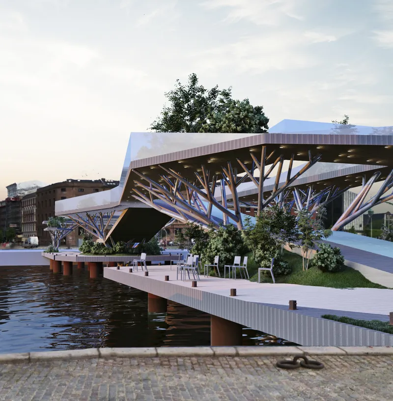 Waterfront platform with tree-like steel columns supporting a cantilevered deck with rooftop planting beds