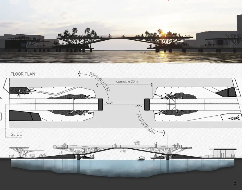 Composite drawing showing pedestrian bridge spanning water at sunset with floor plan, section slice, and elevation views