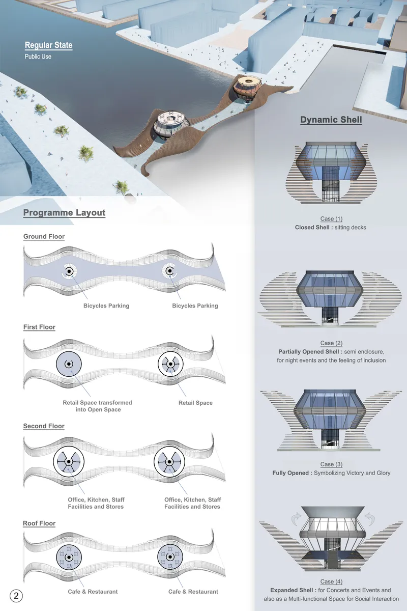 Diagram showing floor plans and dynamic shell configurations of the multi-level structure
