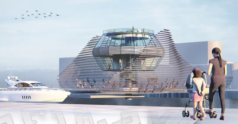 Waterfront view of the layered horizontal louvers wrapping the elevated central volume with family on boardwalk