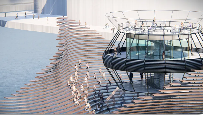 Waterside view of the horizontal timber louvers forming a wing extending from the circular viewing platform